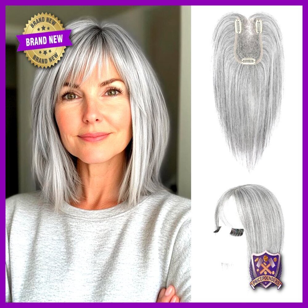 Human Hair Topper with Bangs Handmade Lace Base Clip-in Volume for Thinning Hair